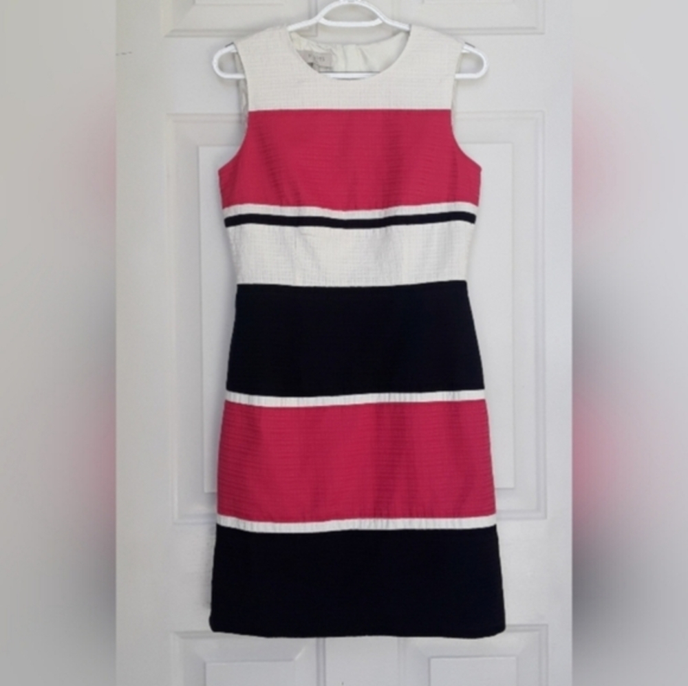 Hobbs London Textured White Pink and Navy Sheath Dress